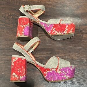 Anthropologie beige and colorful lace platform block heel
